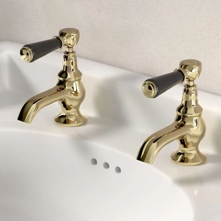 Linton 1/2BSP Basin Pillar Taps Black Lever Timeless Brass