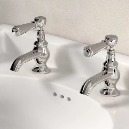 Linton Deck Mounted Basin Pillar Taps - Metal Lever - Polished Nickel