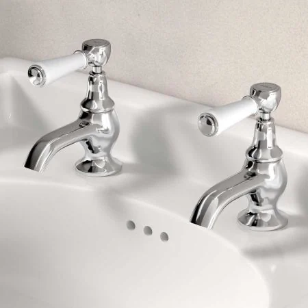 Linton Deck Mounted Basin Pillar Taps - White Lever - Chrome