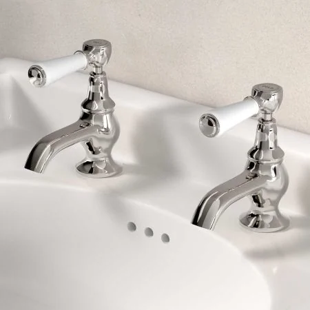 Linton Deck Mounted Basin Pillar Taps - White Lever - Polished Nickelimages