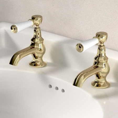 Linton 1/2BSP Basin Pillar Taps White Lever Timeless Brass