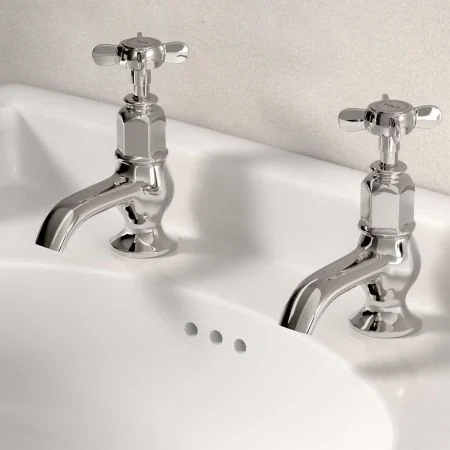 Linton Deck Mounted Basin Pillar Taps - Crosshead - Polished Nickel