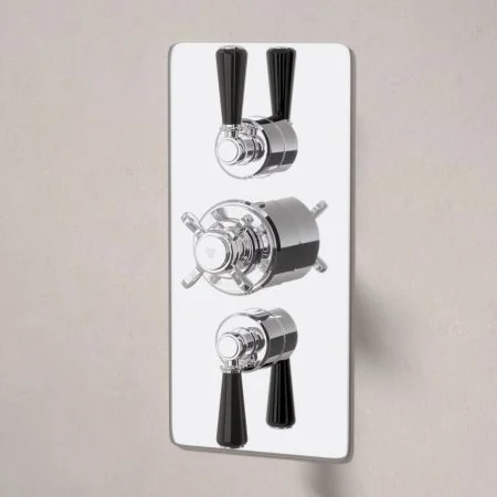 Linton Dual Outlet Concealed Shower with Handheld Shower Hook, 300mm Wall Arm & 6" Rose - Black Lever - Chrome