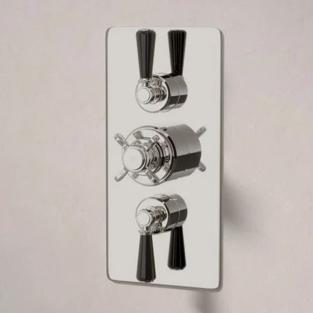 Linton Dual Outlet Concealed Shower with Handheld Shower Hook, 300mm Wall Arm & 6" Rose - Black Lever - Polished Nickel