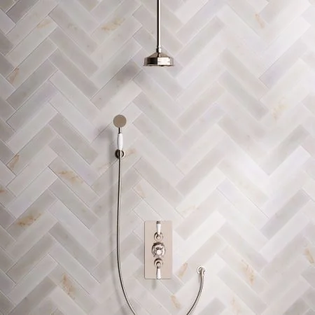 Linton Classic Dual Outlet Concealed Shower with Handshower Hook, 210mm Ceiling Arm, 6" Rose & White Levers in Polished Nickel