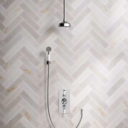 Linton Dual Outlet Concealed Shower with Handshower Hook, 210mm Ceiling Arm, 6" Rose & White Levers in Chrome