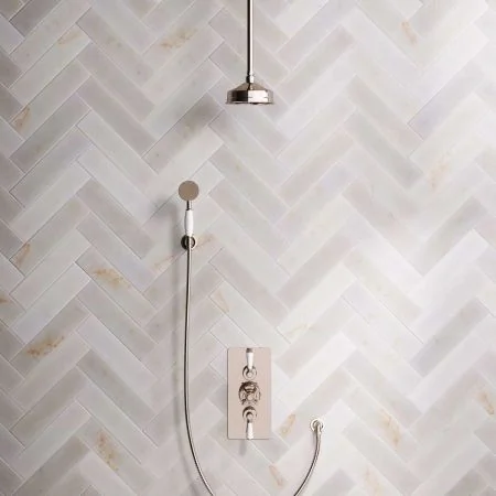 Linton Dual Outlet Concealed Shower with Handshower Hook, 210mm Ceiling Arm, 6" Rose & White Levers in Polished Nickel
