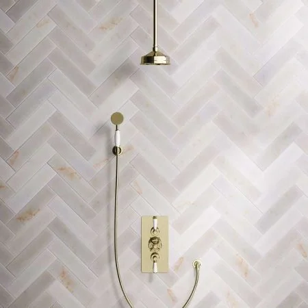 Linton Dual Outlet Shower Kit - Concealed Valve - 6 inch Rose - White Ceramic Lever - Handshower Hook - Ceiling Mounted Rose - Timeless Brass