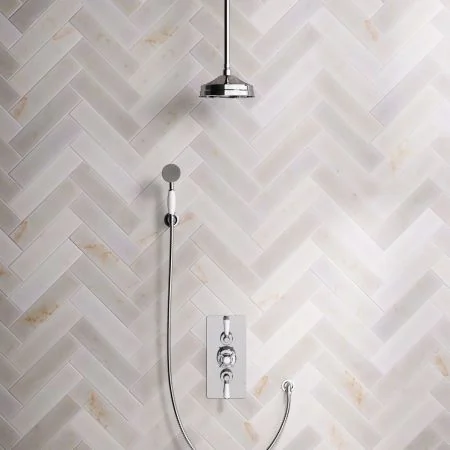 Linton Classic Dual Outlet Concealed Shower with Handshower Hook, 210mm Ceiling Arm, 8" Rose & White Levers in Chrome