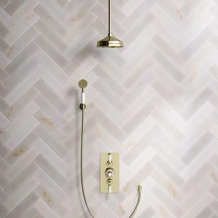 Linton Classic Dual Outlet Shower Kit - Concealed Valve - 8 inch Rose - White Ceramic Lever - Handshower Hook - Ceiling Mounted Rose - Timeless Brass