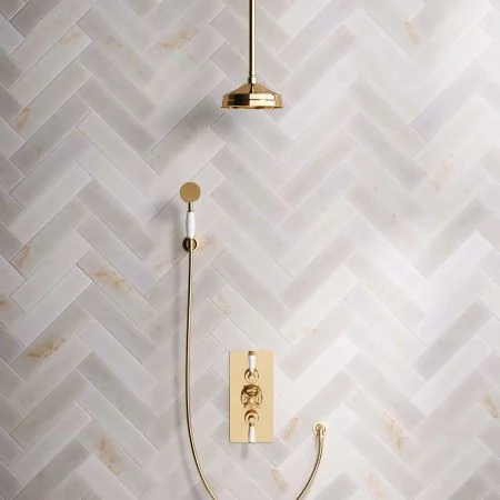Linton Dual Outlet Shower Kit - Concealed Valve - 8 inch Rose - White Ceramic Lever - Handshower Hook - Ceiling Mounted Rose - Living Brass