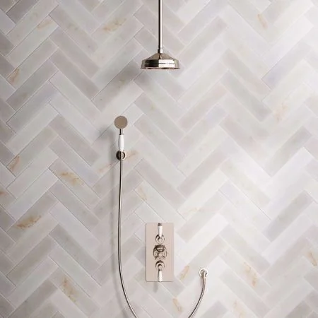 Linton Dual Outlet Concealed Shower with Handshower Hook, 210mm Ceiling Arm, 8" Rose & White Levers in Polished Nickel