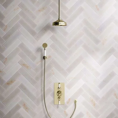 Linton Dual Outlet Shower Kit - Concealed Valve - 8 inch Rose - White Ceramic Lever - Handshower Hook - Ceiling Mounted Rose - Timeless Brass