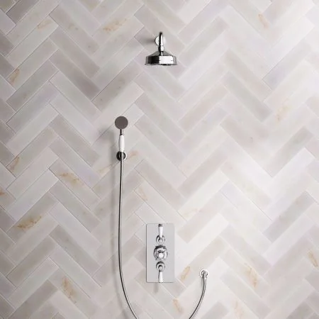 Linton Classic Dual Outlet Concealed Shower with Handshower Hook, 500mm Wall Arm, 6" Rose & White Levers in Chrome