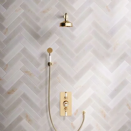 Linton Classic Dual Outlet Shower Kit - Concealed Valve - 6 inch Rose - White Ceramic Lever - Handshower Hook - Living Brass