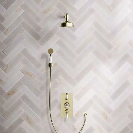 Linton Classic Dual Outlet Concealed Shower with Handshower Hook, 500mm Wall Arm, 6" Rose & White Levers in Timeless Brass