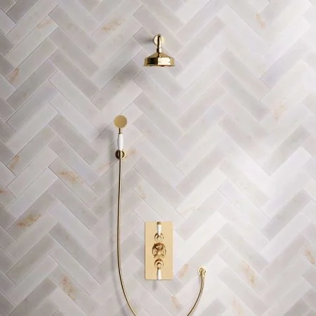 Linton Dual Outlet Shower Kit - Concealed Valve - 6 inch Rose - White Ceramic Lever - Handshower Hook - Living Brass