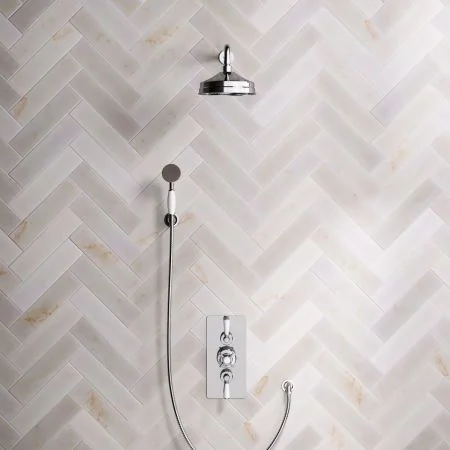 Linton Classic Dual Outlet Concealed Shower with Handshower Hook, 500mm Wall Arm, 8" Rose & White Levers in Chrome