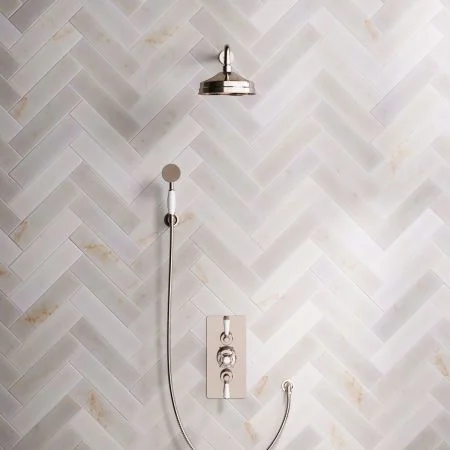 Linton Classic Dual Outlet Concealed Shower with Handshower Hook, 500mm Wall Arm, 8" Rose & White Levers in Polished Nickel
