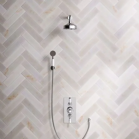 Linton Classic Dual Outlet Concealed Shower with Handshower Hook, 300mm Wall Arm, 6" Rose & White Levers in Chrome