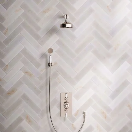 Linton Classic Dual Outlet Concealed Shower with Handshower Hook, 300mm Wall Arm, 6" Rose & White Levers in Polished Nickel