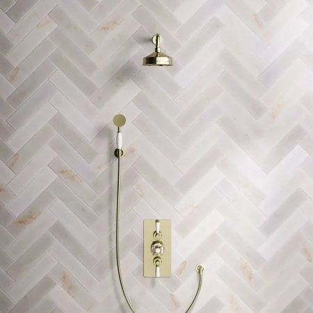 Linton Classic Dual Outlet Shower Kit - Concealed Valve - 6 inch Rose - White Ceramic Lever - Handshower Hook - Timeless Brass