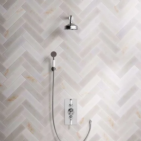 Linton Dual Outlet Concealed Shower with Handshower Hook, 300mm Wall Arm, 6" Rose & White Levers in Chrome