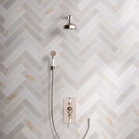Linton Dual Outlet Concealed Shower with Handshower Hook, 300mm Wall Arm, 6" Rose & White Levers in Polished Nickel