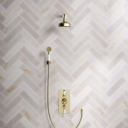 Linton Dual Outlet Shower Kit - Concealed Valve - 6 inch Rose - White Ceramic Lever - Handshower Hook - Timeless Brass