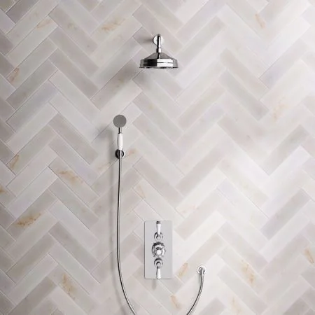 Linton Classic Dual Outlet Concealed Shower with Handshower Hook, 300mm Wall Arm, 8" Rose & White Levers in Chrome