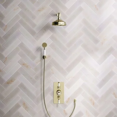 Linton Classic Dual Outlet Shower Kit - Concealed Valve - 8 inch Rose - White Ceramic Lever - Handshower Hook - Timeless Brass
