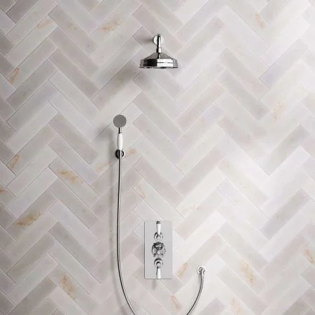 Linton Dual Outlet Concealed Shower with Handshower Hook, 300mm Wall Arm, 8" Rose & White Levers in Chrome