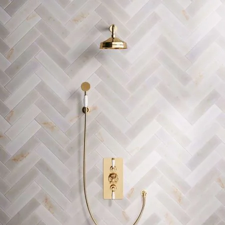 Linton Dual Outlet Shower Kit - Concealed Valve - 8 inch Rose - White Ceramic Lever - Handshower Hook - Living Brass
