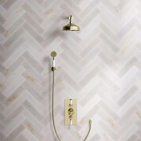 Linton Dual Outlet Shower Kit - Concealed Valve - 8 inch Rose - White Ceramic Lever - Handshower Hook - Timeless Brass