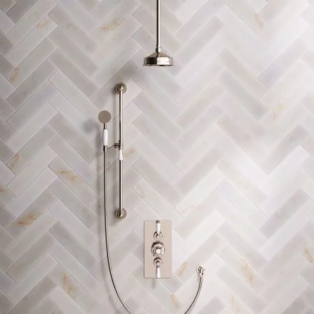 Linton Classic Dual Outlet Concealed Shower with Slider Rail, 210mm Ceiling Arm, 6" Rose & Metal Levers in Polished Nickel
