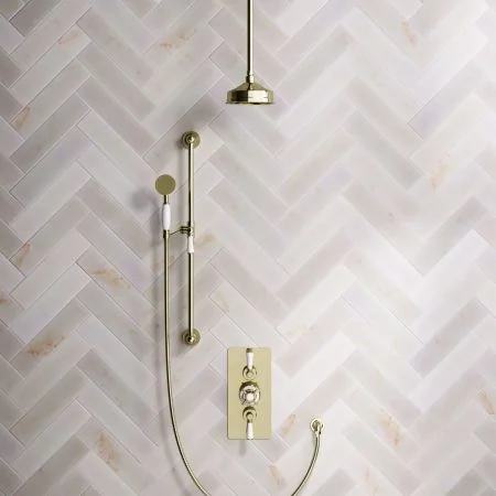 Linton Classic Dual Outlet Shower Kit - Concealed Valve - 6 inch Rose - White Ceramic Lever - Handshower Slider-Rail - Ceiling Mounted Rose - Timeless Brass