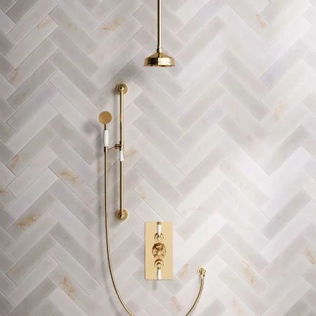Linton Dual Outlet Shower Kit - Concealed Valve - 6 inch Rose - White Ceramic Lever - Handshower Slider-Rail - Ceiling Mounted Rose - Living Brass