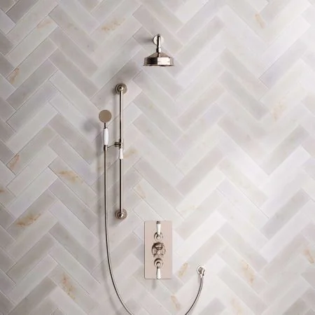 Linton Dual Outlet Concealed Shower with Slider Rail, 210mm Ceiling Arm, 6" Rose & Metal Levers in Polished Nickel