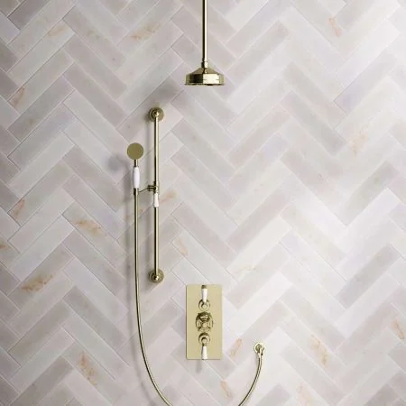 Linton Dual Outlet Shower Kit - Concealed Valve - 6 inch Rose - White Ceramic Lever - Handshower Slider-Rail - Ceiling Mounted Rose - Timeless Brass