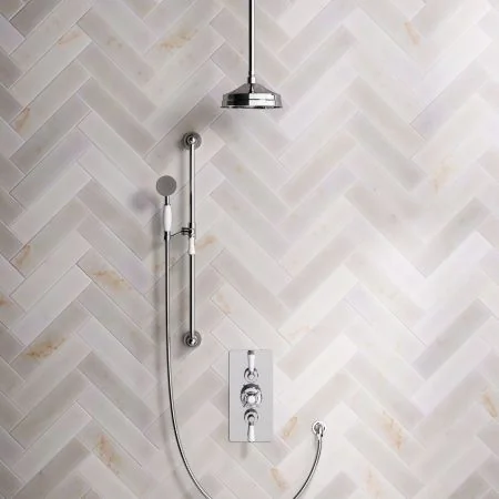 Linton Classic Dual Outlet Concealed Shower with Slider Rail, 210mm Ceiling Arm, 8" Rose & Metal Levers in Chrome