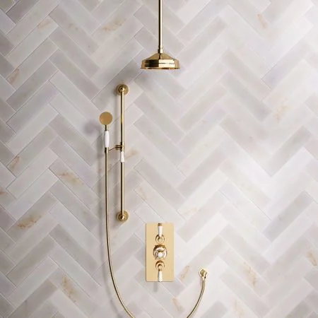 Linton Classic Dual Outlet Shower Kit - Concealed Valve - 8 inch Rose - White Ceramic Lever - Handshower Slider-Rail - Ceiling Mounted Rose - Living Brass