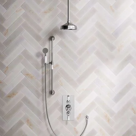 Linton Dual Outlet Concealed Shower with Slider Rail, 210mm Ceiling Arm, 8" Rose & Metal Levers in Chrome