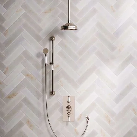 Linton Dual Outlet Concealed Shower with Slider Rail, 210mm Ceiling Arm, 8" Rose & Metal Levers in Polished Nickel