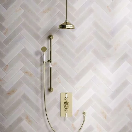 Linton Dual Outlet Shower Kit - Concealed Valve - 8 inch Rose - White Ceramic Lever - Handshower Slider-Rail - Ceiling Mounted Rose - Timeless Brass