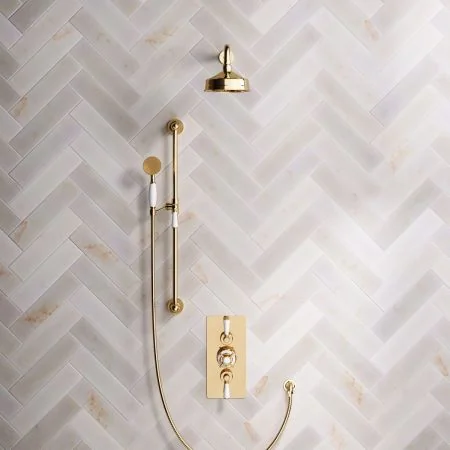 Linton Classic Dual Outlet Shower Kit - Concealed Valve - 6 inch Rose - White Ceramic Lever - Handshower Slider-Rail - Living Brass