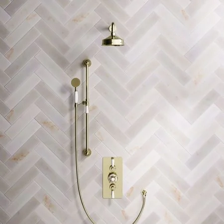 Linton Classic Dual Outlet Shower Kit - Concealed Valve - 6 inch Rose - 500mm Shower Arm - White Ceramic Lever - Handshower Slider-Rail - Timeless Brass
