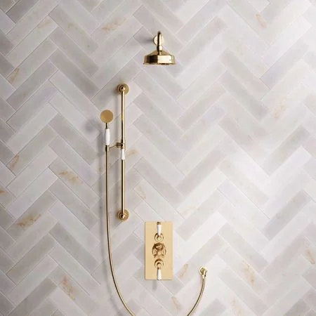 Linton Dual Outlet Shower Kit - Concealed Valve - 6 inch Rose - White Ceramic Lever - Handshower Slider-Rail - Living Brass