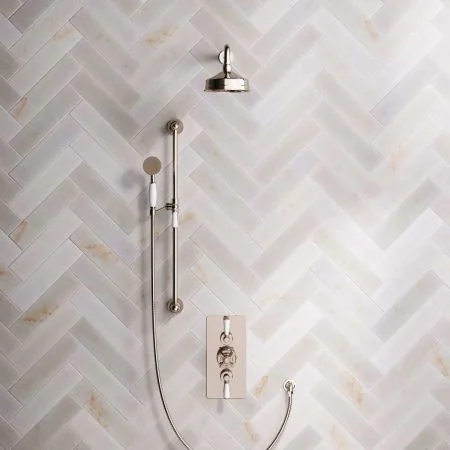 Linton Dual Outlet Concealed Shower with Slider Rail, 500mm Wall Arm, 6" Rose & Metal Levers in Polished Nickel