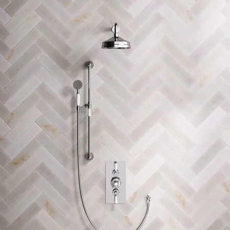 Linton Classic Dual Outlet Concealed Shower with Slider Rail, 500mm Wall Arm, 8" Rose & Metal Levers in Chrome