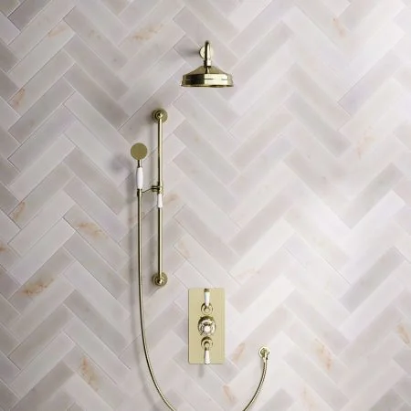 Linton Classic Dual Outlet Shower Kit - Concealed Valve - 8 inch Rose - 500mm Shower Arm - White Ceramic Lever - Handshower Slider-Rail - Timeless Brass